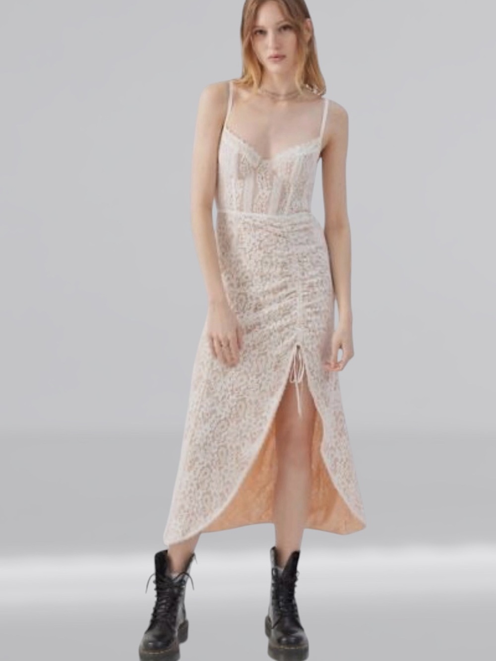 NWT Urban Outfitters Cream Angelica Corset Midi Lace Dress Size XS